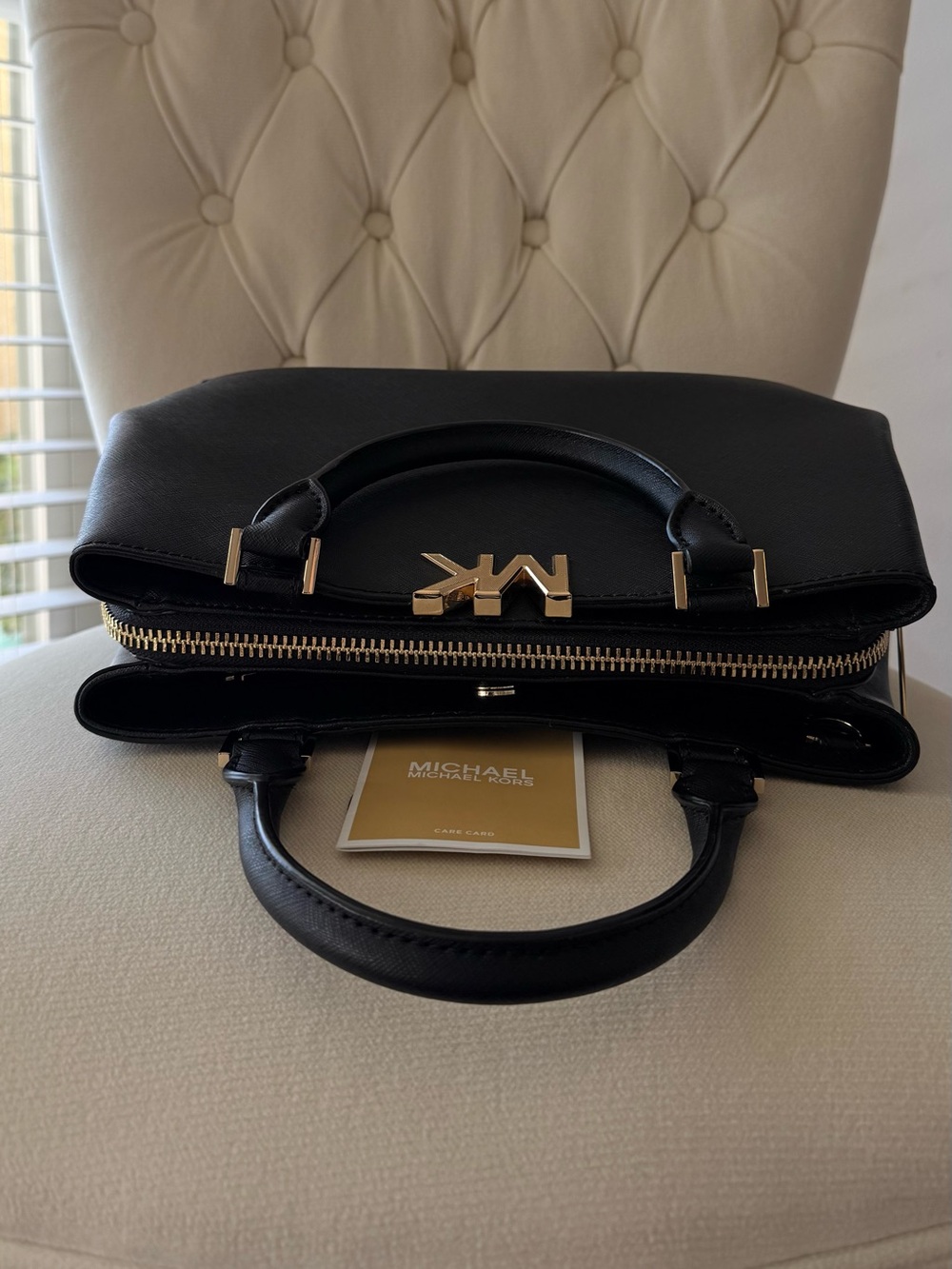 Michael Kors Florence Medium Saffiano Leather Satchel - Black/Gold - Picture 5 of 8